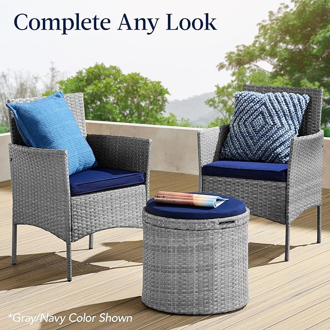 Best Choice Products Round Wicker Ottoman, Multipurpose Outdoor Furniture for Patio, Backyard, Additional Seating, Footrest, Side Table w/Storage, Removable Cushions – Gray/Cream