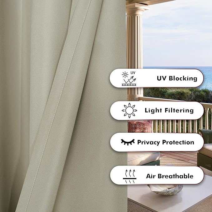 BONZER Outdoor Curtains for Patio Waterproof Thick Privacy Grommet Light Filtering Outside Curtains for Porch Pergola Gazebo Deck, 1 Panel, 84W x 120L inch, Taupe