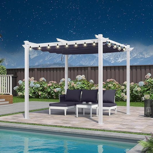 PURPLE LEAF 10' x 10' Outdoor Aluminum Pergola White Heavy-Duty Retractable Pergolas Patio Metal Pergola with Double Sun Shade Canopy and Light for Backyard Gardens Deck, Navy Blue