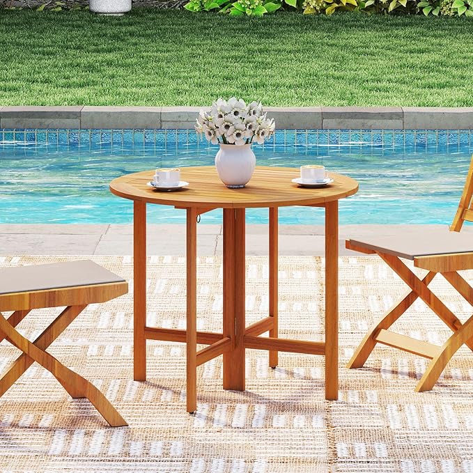 Tangkula 36 Inches Outdoor Folding Round Dining Table, No Assembly Patio Acacia Wood Bistro Table with Slatted Tabletop, 4-Person Outside Dining Furniture for Backyard, Porch, Balcony
