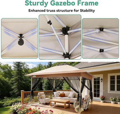 COBIZI 10x15 FT Pop up Gazebo on Clearance - Outdoor pop up Canopy Tent,carpas para Patio, Shelter - Screen Tents with Portable Carry Bag, Patio Gazebos for Camping,Garden,Deck,Backyard,Khaki