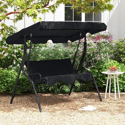 Tangkula 3 Person Porch Swing, Patio Swing with Removable Cushion & Powder-Coated Steel Frame, Outdoor Swing with Canopy for Porch, Backyard, Garden, Balcony (Black)