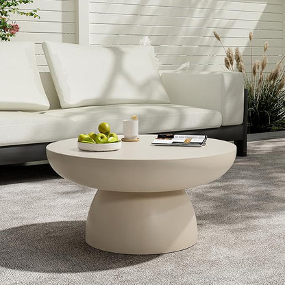 Christopher Knight Home Patsy Modern Lightweight Concrete Coffee Table, Indoor and Outdoor Round Top Accent Table, MGO Sofa End Table with Pedestal Base, No Assembly Needed, 27.5", Beige
