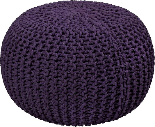 COTTON CRAFT Round Dori Pouf - Cotton Braid Cord Cable Knitted Ottoman - Foot Stool - Footrest - Floor Pouf - Woven Ottoman - Bean Bag - Living Room Dorm - 20 inches Diameter x 14 Height - Deep Plum