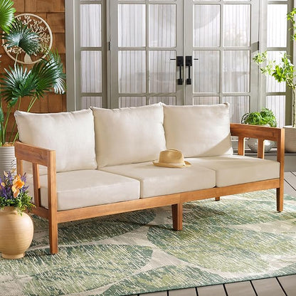 SAFAVIEH Outdoor Collection Owen Acacia Solid Wood Natural/Taupe Cushion 3-Seater Sofa