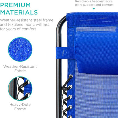 Best Choice Products Set of 2 Adjustable Steel Mesh Zero Gravity Lounge Chair Recliners w/Pillows and Cup Holder Trays - Cobalt Blue