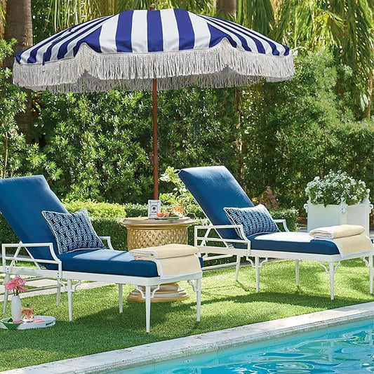 Patio Umbrella with Fringe Outdoor Tassel Umbrella UPF50+ Wood, 7ft