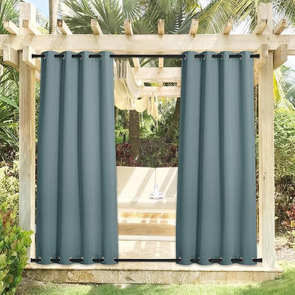 NICETOWN Greyish Blue Outdoor Patio Curtains 2 Panels Windproof Top & Bottom Grommet, Thermal Insulated Light & Cold Blocking Windproof Weighted Outdoor Drapes Privacy for Gazebo/Porch, W52 x L84