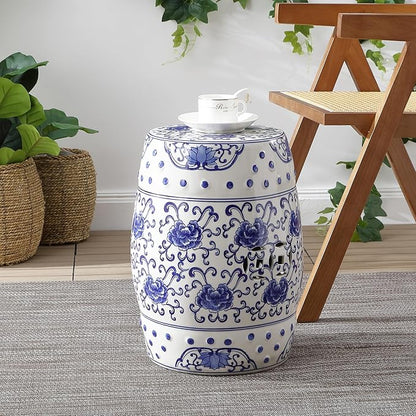 Decorative Garden Stool, Blue and White Ceramic Lotus Drum, 17.75 Inch