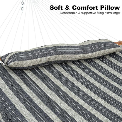 2 Person Hammocks for Outside, Double Quilted Fabric Outdoor Hammock with Spreader Bar, Large Removable Pillow, Storage Pockets, Carabiners, Max 475 lbs Capacity (Mountain Mist Gray)