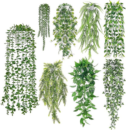 Der Rose 8Pcs Fake Plants Hanging Artificial Ivy Vine Faux Eucalyptus Hanging Plants for Home Boho Wall Shelf Indoor Outdoor Decor (White Pots)