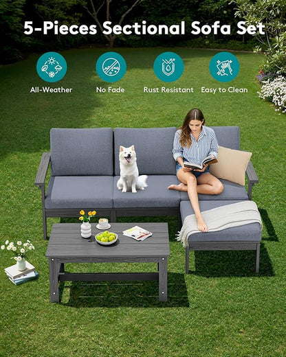 SERWALL Outdoor Sectional Sofa Set, 5-piece Outdoor Modula Couch Set with Ottoman, All Weather Patio Furniture Set with Chaise for Deck, Lawn, Gray Frame with Gray Cushion