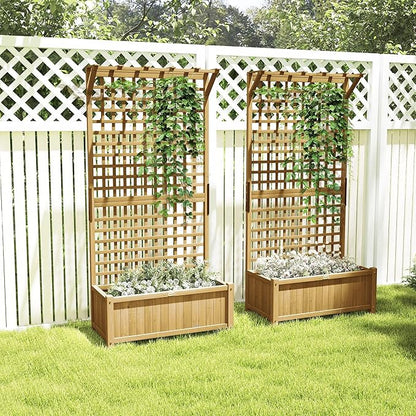 Outsunny Wood Planter with Trellis, Raised Garden Bed for Climbing Plants with Drainage Holes and Roof, 35.5 x 17.75 x 72 Inch, Pack of 2, Yellow
