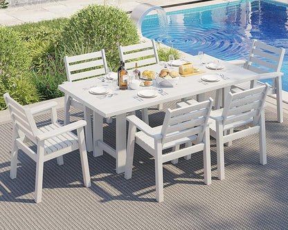 AMERLIFE 7-Piece HDPE Outdoor Dining Set with Umbrella Hole, 71" L Patio Table and Chairs Set for 6, Modern Garden Dining Set for Backyard, Poolside, Seaside, Porch, White