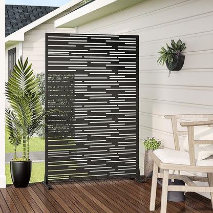 Casaphoria Metal Privacy Screen Outdoor, 72" H x 47" W Freestanding Decorative Privacy Screen for Patio Deck Balcony Garden with Stable Base, Shine Black
