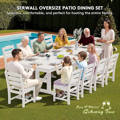 SERWALL 11 Piece Outdoor Dining Set, 84" HDPE Outdoor Table and Chairs for 10，All Weather Patio Furniture Set with Umbrella Hole for Backyard, Garden, White