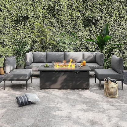 Sundale Outdoor 7 Pieces Patio Furniture Set with Fire Pit Table, L-Shaped Outdoor Sectional Sofa with 6 Inch Olefin Cushion, All-Weather Modern Metal Outdoor Conversation Sets