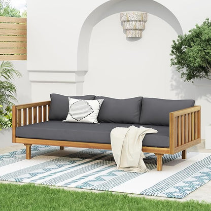 Merax Outdoor Acacia Wood Conversation Set - Patio 3-Seat Loveseat Sofa w/Coushion and Round Coffee Table for Backyard, Lawn, Balcony, Teak+Dark Gray