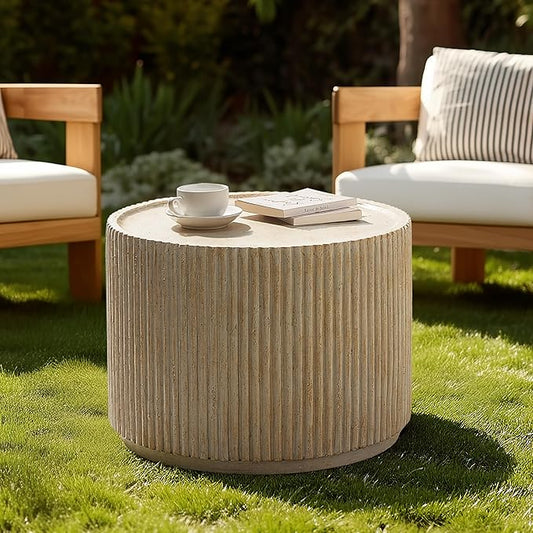 Christopher Knight Home Yunara 17" H Lightweight Concrete End Table with Stunning Fluted Design, Indoor Outdoor Accent Side Table, Travertine Effect Round Coffee Table, No Assembly, Natural