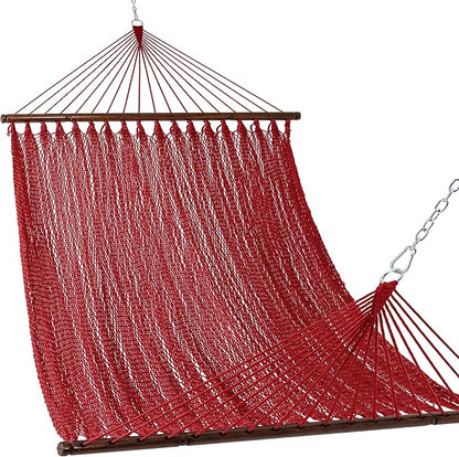 Lazy Daze Hammocks 10.5 FT Double 2 Person Caribbean Rope Hammock, Hand Woven Polyester Hammock with Spreader Bars, for Outside Outdoor Backyard Patio Poolside, 450 LBS Capacity, Red