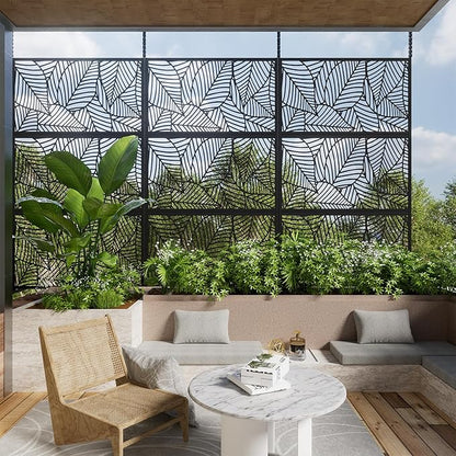 Casaphoria 72" H x 47" W Metal Outdoor Privacy Screen, Freestanding Decorative Divider for Patio, Deck, Balcony, and Garden with Stable Base, Black Leaves