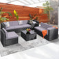 8-Piece Patio Furniture Set, Outdoor Wicker Rattan Sectional with Thick Cushions, Glass Top Table with Hidden Storage, Outdoor Conversation Set for Backyard, Porch, Patio, Light Grey