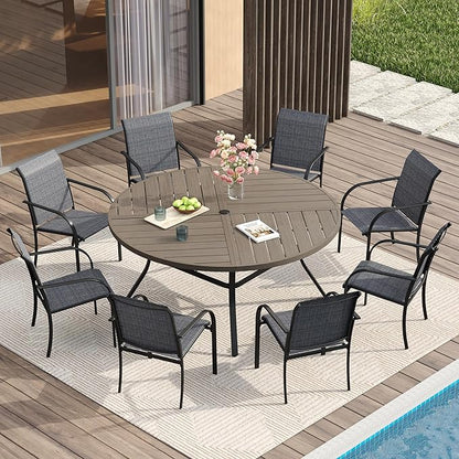 VICLLAX Patio Table and Chair Set of 8, All Weather Metal Round Outdoor Dining Furniture Set-53 Round Outdoor Table and Chairs, Grey Wood Grain Tabletop