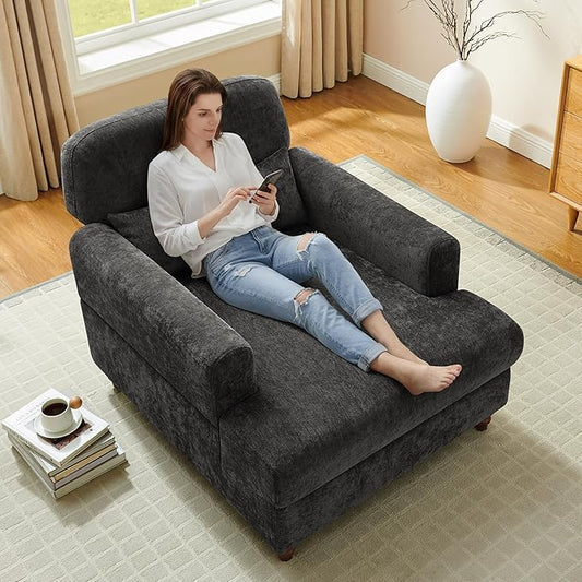 Chaise Lounge Chair Indoor with Adjustable Backrest, Oversized Accent Armchair for Living Room & Bedroom, Upholstered Mid-Century Reading Chair, Comfy Single Sofa Chair, Modern Living Room Chair