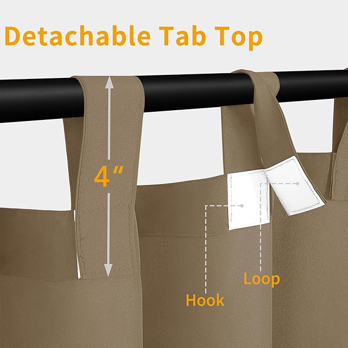 Easy-Going Outdoor Patio Curtains Detachable Tab Top Windproof Weatherproof Curtain for Cabana, Porch, Pergola and Gazebo, Tab Bottom Drape, 2 Panels, 110W x 108L inch, Khaki