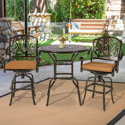 VIVIJASON 3-Piece Patio Swivel Bar Stools Set, All Weather Cast Aluminum Outdoor Bar Height Bistro Set with 2 Cushioned Bar Chairs & 35.4" High Bar Table w/Umbrella Hole for Backyard, Lawn, Garden