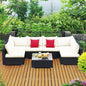 Tangkula 7-Piece Patio Furniture Set, Outdoor Sectional Sofa w/Pillows & Cushions, Wicker Conversation Set with Coffee Table & Tea Table for Garden & Lawn (Beige)