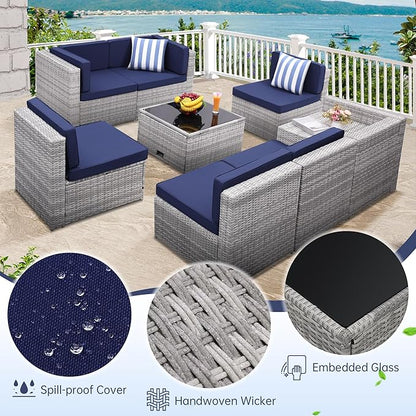 8-Piece Patio Furniture Set, Outdoor Wicker Rattan Sectional with Thick Cushions, Glass Top Table with Hidden Storage, Outdoor Conversation Set for Backyard, Porch, Patio, Blue