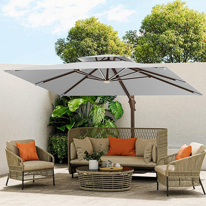 10 X 13 FT Cantilever Outdoor Patio Umbrella with Base Included Large Heavy Duty 360° Rotation Double Top Offset Rectangular Umbrellas with Led Lights for Backyard Outside Deck,Fog Grey