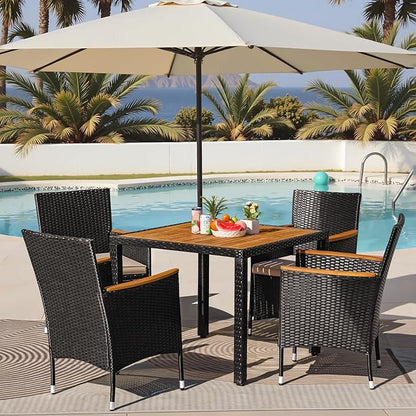 Greesum 5 Pieces Outdoor Patio Dining Set, Conversation Sets with 1 Table and 4 Rattan Chairs with Curved Acacia Wooden Armrests and Cushions, Black