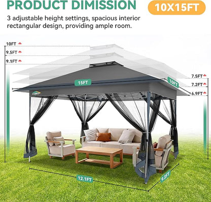 COBIZI 10x15 FT Pop up Gazebo on Clearance - Outdoor pop up Canopy Tent,carpas para Patio, Shelter - Screen Tents with Portable Carry Bag, Patio Gazebos for Camping,Garden,Deck,Backyard,Darkgrey