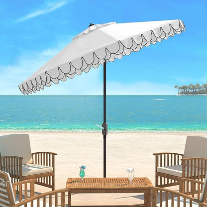 SAFAVIEH 9ft Outdoor Patio Umbrella, Round, Valance, Ivory & Black Trim, Auto Crank Tilt, UV Resistant for Deck, Backyard, Poolside (PAT8006E)