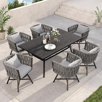 Grand patio 7-Piece Outdoor Dining Set for 6, Patio Dining Furniture Set for 6 Swivel Rope Wicker Chairs & 1 Bent Legs Rectangular Dining Faux Woodgrain Table with Umbrella Hole, Light Gray Brown