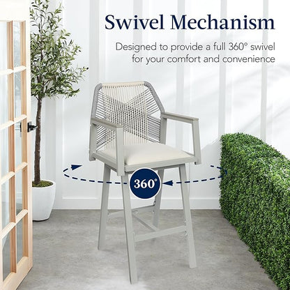 Best Choice Products Outdoor Bar Stools Set of 2, Bar Height, 360° Swivel Aluminum Frame, All-Weather Woven Rope Chair Design w/Armrests - Gray/Meteor