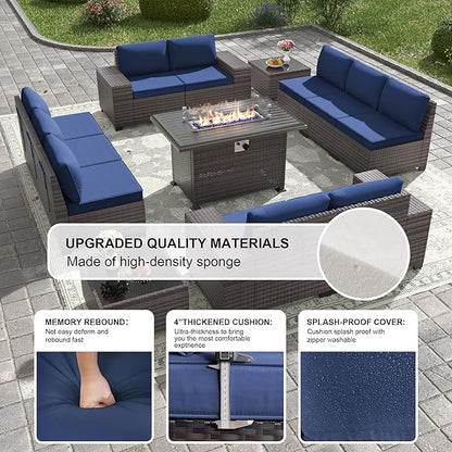 Kullavik 13 Pieces Outdoor Patio Furniture Set with 43" 55000BTU Gas Propane Fire Pit Table PE Wicker Rattan Sectional Sofa Patio Conversation Sets,Navy Blue