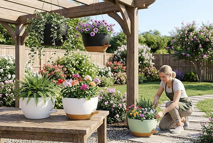 Hanging Planters, 3-Pack 10 Inch Self-Watering Pots with Drainage Holes and Chains, Matte Plastic Planters for Indoor/Outdoor Plant（White）