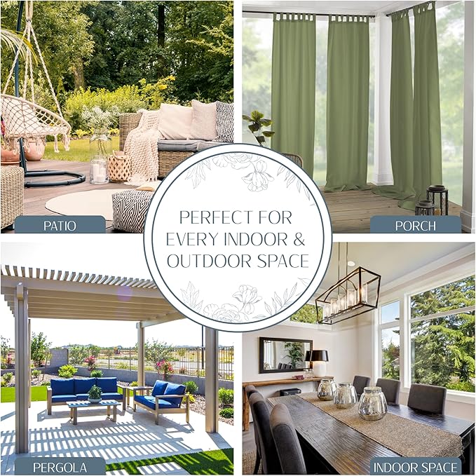 Elrene Home Fashions Matine Weatherproof Tab-Top Indoor/Outdoor Solid Color Curtain Panel for Porch, Pergola, Patio, Deck, 52”W x 108”L, Green