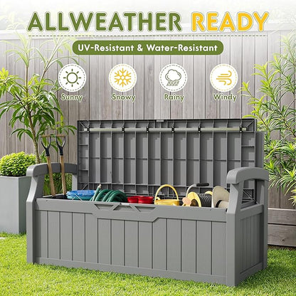 Greesum 80 Gallon Storage Bench Outdoor Deck Box with Armrest, Patio Furniture,Lockable, Waterproof and UV Resistant, Suitable for Garden, Pool, Grey