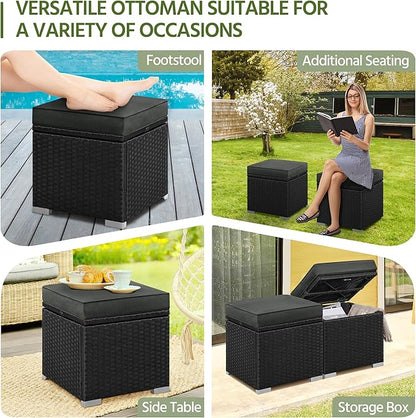 Yaheetech Wicker Ottomans, Set of 2 Patio PE Rattan Side Tables with Hidden Storage & Removable Cushion, Outdoor/Indoor Footstools, Additional Seating for Garden/Balcony/Yard, Black/Gray