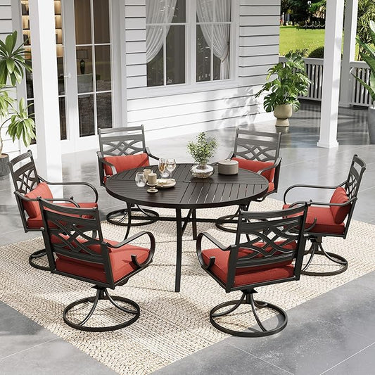 Sophia and William Swivel Patio Dining Set for 6, Outdoor Table and Chairs, Removable Seat Cushions, Black 54" Round Patio Dining Table,Red