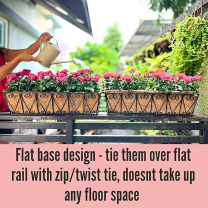 LaLaGreen Large Rail Planters - 2 Pack, 24 Inch Wall Hanging Basket with Coco Liner Deck Railing Hanging Window Flower Box Outdoor Black Metal Trough Plant Holder Fence Balcony Patio Porch Garden