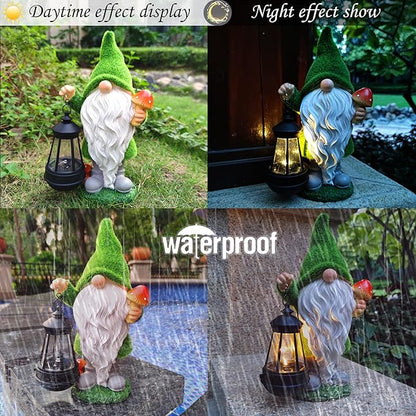 Gnomes Solar Garden Statues,Resin Gnome Figurine Decorations Holding Mushroom and Solar Lights Lantern, Outdoor Figurines Lawn Garden Statue Decor Art for Lawn,Yard, Balcony Ornament.