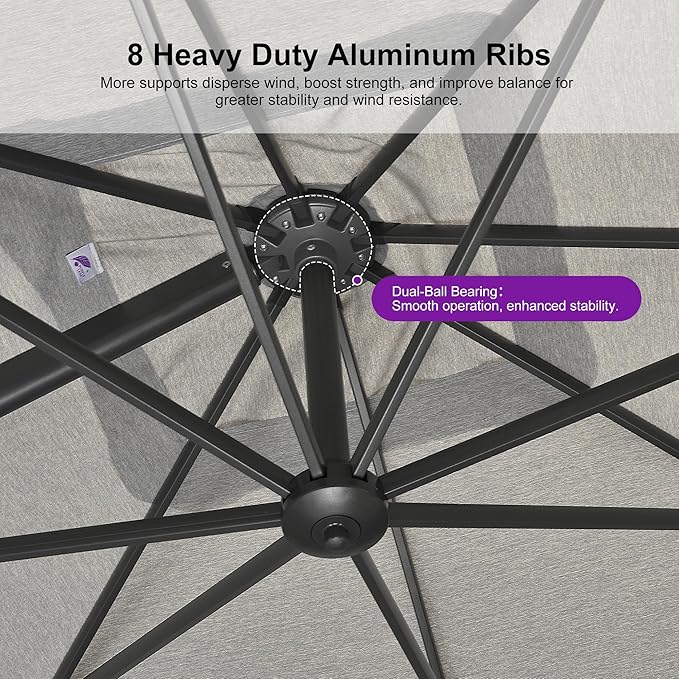 PURPLE LEAF 8 FT Outdoor Umbrella with Base Patio Cantilever Aluminum Umbrella with 3 Years Fade Resistance Recycled Fabric Offset Square with 360-degree Rotation for Deck Garden, Pebble Grey
