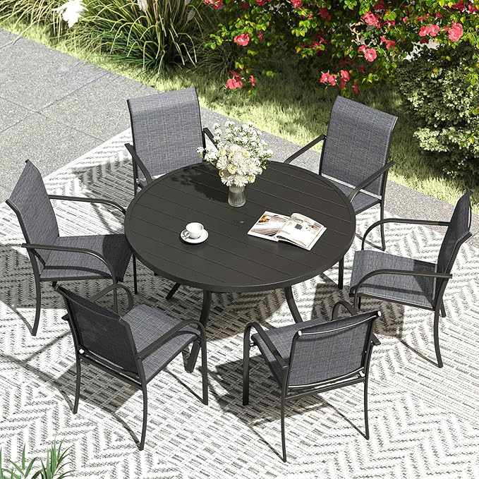 VICLLAX Patio Dining Set for 6, Outdoor Furniture Set Includes 47.2" Round Patio Table and 6 Patio Sling Chairs, Black Tabletop and Grey Fabric