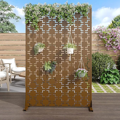 Casaphoria Metal Privacy Screen Outdoor, 72" H x 47" W Freestanding Decorative Privacy Screen for Patio Deck Balcony Garden with Stable Base, Brown-Square