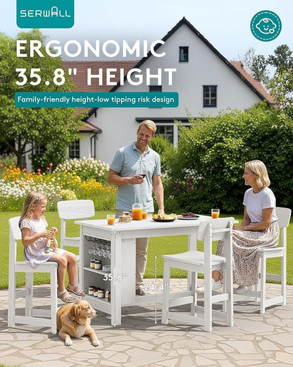 SERWALL 3-Piece Outdoor Counter Height Bar Set, HDPE Patio Bar Table with Wine Rack & Storage Shelf, 2 All-Weather Bar Stools, Patio Bar Dining Furniture Set for 3, White